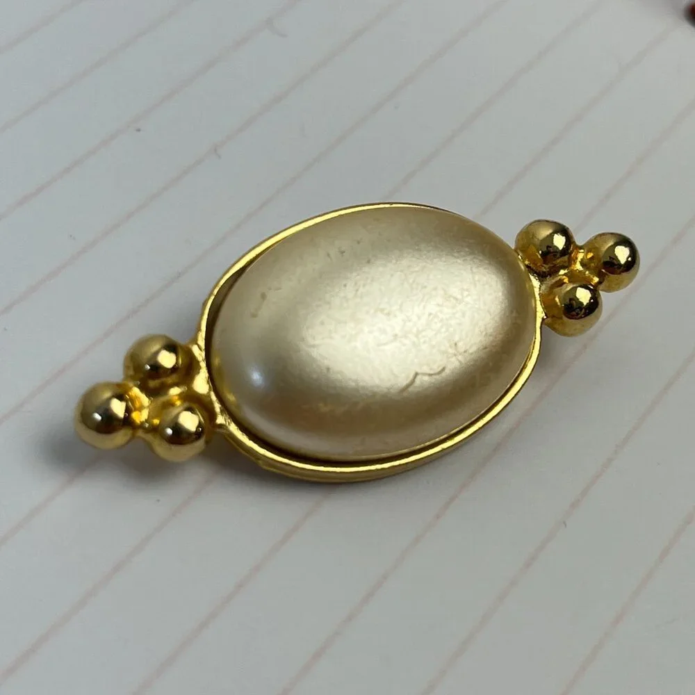 Vintage Gold Tone Brooch Faux Pearl Victorian Style Collar Pin